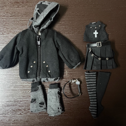 Azone doll clothing, Size: azone, ob22/24. Dark Gothic-style hooded coat set with cross-decorated leg warmer socks, crafted through the exquisite handwoven artistry of a Chinese master. @cbzrp