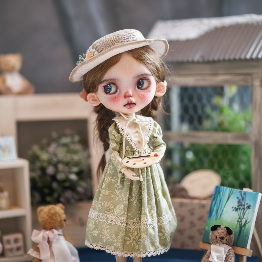 Blythe doll clothing, sizes: ob22/24, Azone, Landoudou.Country floral dress set — green floral dress with straw hat.