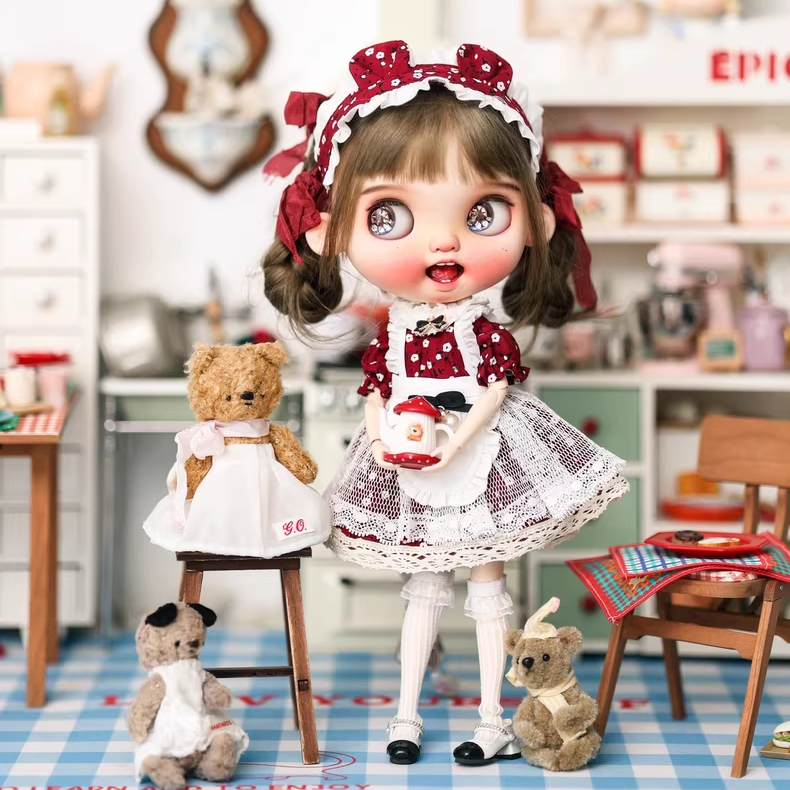 Blythe doll clothing, sizes: ob22/ob24/ob27, Azone, Landoudou, 1/6,Christmas maid set — burgundy polka dot skirt, white apron, and bow.