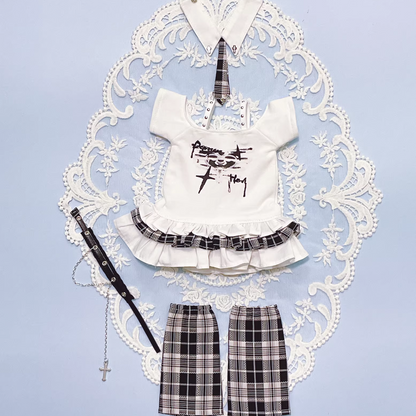 bjd Doll clothing, Sizes: 1/4 (MSD), 1/6 (YoSD), Tiny Doll (熊妹), and MDD. Styles include: Y2K alternative style, cute aesthetic, and edgy cool style. Colors offered: white and black