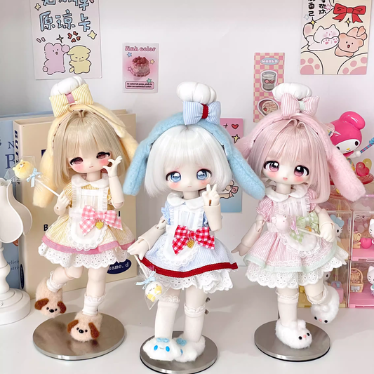 BJD doll clothing, sizes: Triple-Joint (三插) & Little-Six (小六).   Cute maid-style dress set "Bunny Kitchen Helper" — includes apron dress and matching accessories@mjrl
