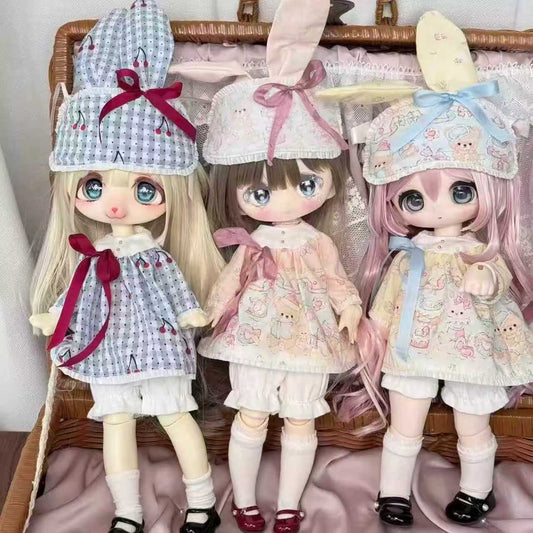 BJD doll clothing, sizes: Triple-Joint (三插) & Little-Six (小六).   Cute-style "Sleepy Bunny" pajama set — includes loose-fitting top, shorts, and bunny-eared sleeping cap.   Handmade original design from China by @mjrl.