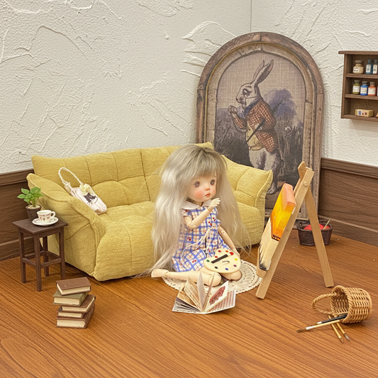 doll furniture, doll house, Dual-seat 1/6 scale sofa, suitable for Blythe, BJD, Azone, and Landoudou dolls. Perfect for dollhouse scenes and photo props.