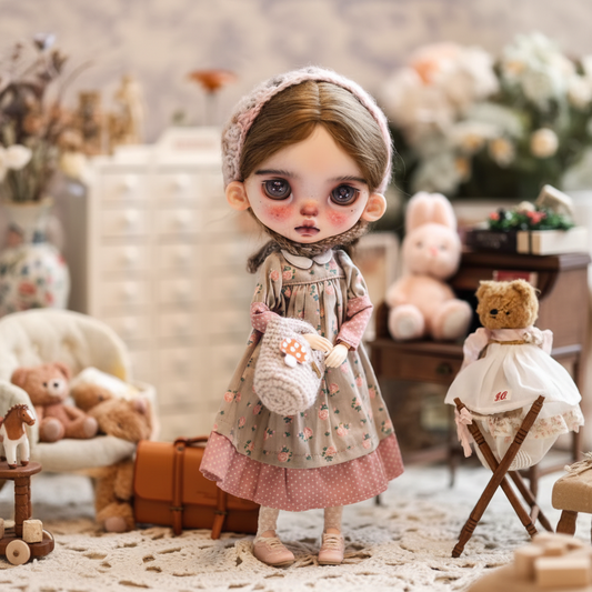 Blythe doll clothing, sizes: ob22/24, Azone, Landoudou.Vintage country set — patchwork floral dress, crochet bag, and headscarf.