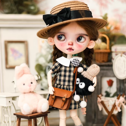 Blythe doll clothing, sizes: ob22/24, Azone, Landoudou,1/6,Vintage plaid set — plaid skirt, straw hat, leather bag, and mini monster plush accessory.