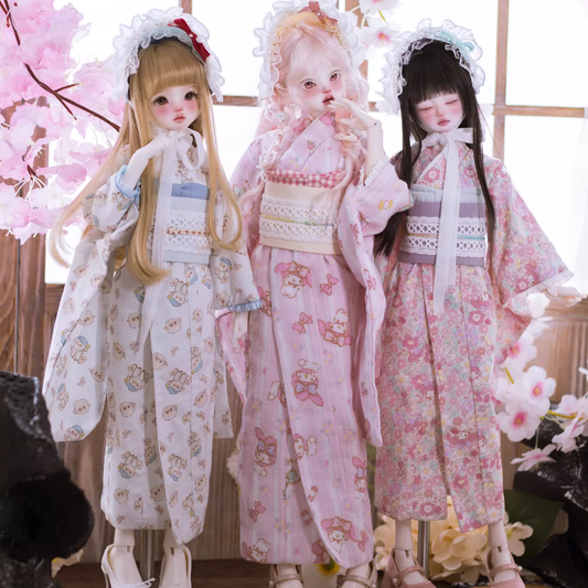 BJD doll clothing, sizes: Standard 1/4), Large 1/4 , Showa-era style kimono set and cute-style doll outfits — includes traditional kimono, obi belt, and matching accessories.