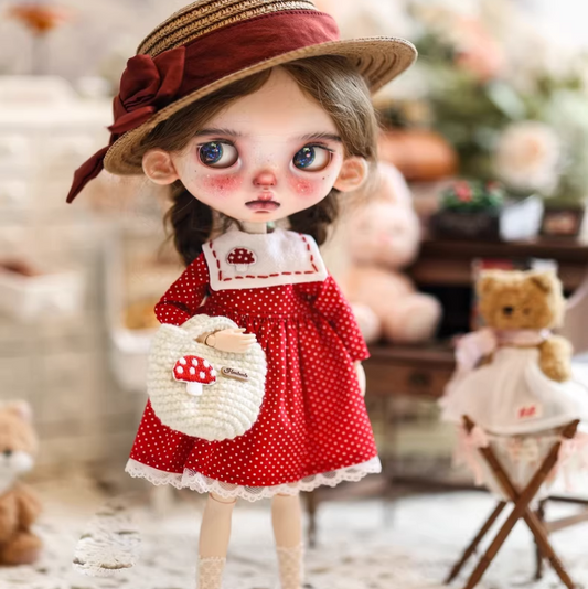 Blythe doll clothing, sizes: ob22/24, Azone, Landoudou.Sweet polka dot dress set — red polka dot dress with mushroom-embroidered bag.