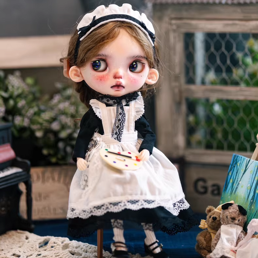 Blythe doll clothing, sizes: ob22/24, Azone, Landoudou.Vintage maid set, black dress, white apron, headscarf, and rattan bag.