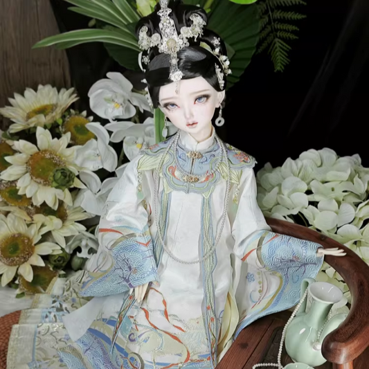 BJD doll clothing, sizes: 1/3, 60cm. "Cloud Collar" Ancient-style Hanfu set — includes embroidered gown, cloud collar accessory, and traditional hairpiece.